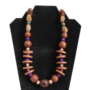 Brown and Multicolored Chunky Wooden Beaded Colorful Vintage Statement Necklace